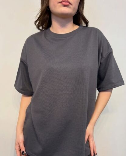 İki İplik Sıfır Yaka Oversize Basic T-shirt 26Y11125620 Füme