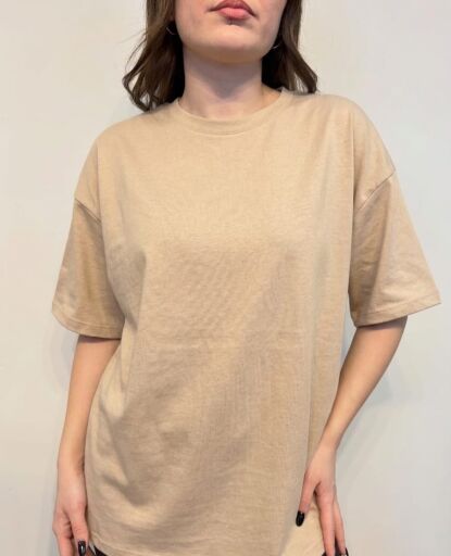 İki İplik Sıfır Yaka Oversize Basic T-shirt 26Y11125620 Bej