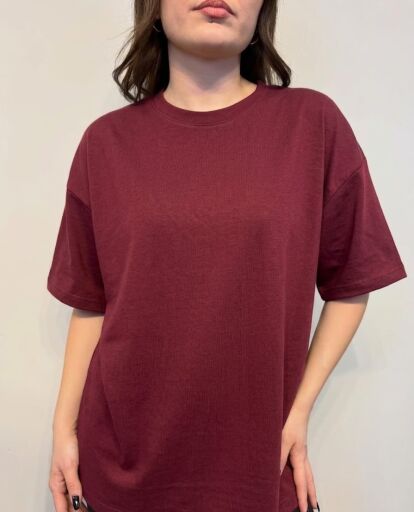 İki İplik Sıfır Yaka Oversize Basic T-shirt 26Y11125620 Bordo