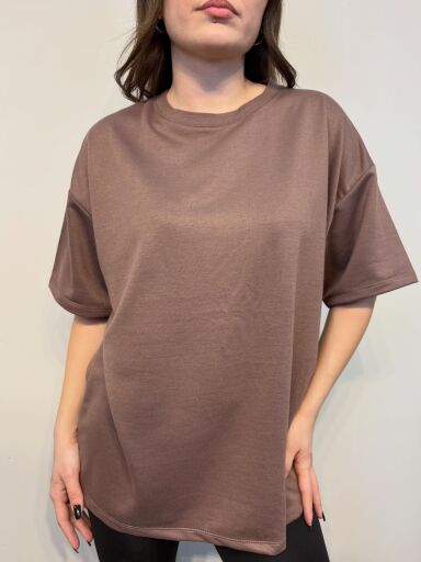 İki İplik Sıfır Yaka Oversize Basic T-shirt 26Y11125620 Kahve